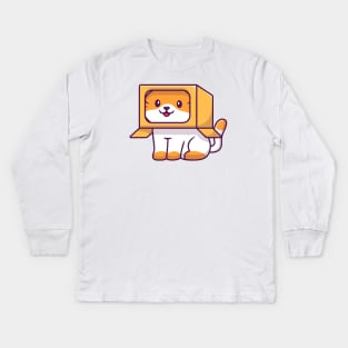 Cute Cat Playing In The Box Cartoon (6) Kids Long Sleeve T-Shirt